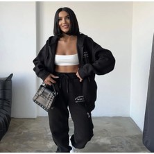 Amor Man Özel Tasarım Kapüşonlu Tam Fermuarlı Style Baskılı Süper Oversize Kışlık 2 Li Kadın Eşofman Takımı