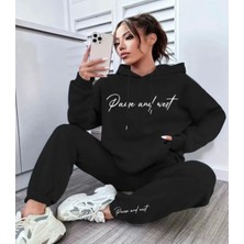 Amor Man Büyük Beden Özel Tasarım Kapüşonlu Pause And West Baskılı Modern Battal Kışlık Kadın Eşofman Takımı