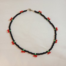 Crystal Atelier Kiraz Model Kum Boncuk Kolye, El Yapımı Trend Kiraz Kolye, Siyah Jablonex Kum Boncuk Kiraz Kolye