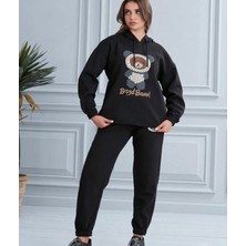 Amor Man Özel Tasarım Kapüşonlu Mozaik Ayıcık Baskılı Şardonlu Kışlık Luxury Kadın Eşofman Takımı