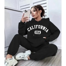 Amor Man Büyük Beden Özel Tasarım Kapüşonlu Calıfornıa Göğüs Baskılı Kışlık Modern Battal Kadın Eşofman Takımı