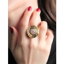 Esha Store Doğal Taş Pembe Kuvars Yuvarlak Doğal Taşlı Antik Ayarlanabilir Kadın Yüzük EUY29PK