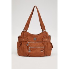 Lêvi D'or Turuncu Çok Bölmeli Örgü Detay Omuz Çantası