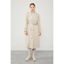 Lêvi D'or Bej Çizgili Desen Kuşak Kapamalı Trençkot