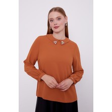 Lêvi D'or Kahve Yaka İşlemeli Bluz