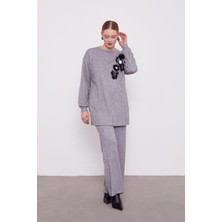 Levidor Gri Nakışlı Ponponlu Kaşmir İkili Takım