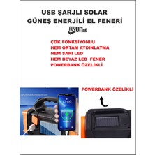 Flyonlook Solar Güneş Enerjili Hem Ortam Aydınlatma Hem Sarı Ön LED - Arka Beyaz LED Powerbank Özelikli Fener