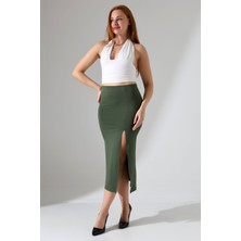 Kadın Önden Yırtmaçlı Etek Likralı Midi Boy / Women's Midi Length Skırt Wıth Front Slıt Lycra