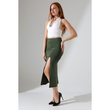 Kadın Önden Yırtmaçlı Etek Likralı Midi Boy / Women's Midi Length Skırt Wıth Front Slıt Lycra