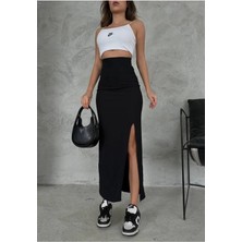 Kadın Siyah Dalgıç Kumaş Yırtmaçlı Uzun Etek Maxi Boy 92 cm