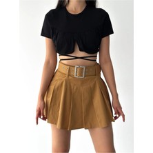 Pileli Kemerli Etek Içden Şortlu / Pleated Belted Skırt Wıth Inner Shorts