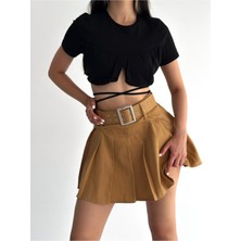 Pileli Kemerli Etek Içden Şortlu / Pleated Belted Skırt Wıth Inner Shorts