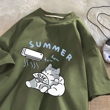 Tarz Sokak Yaz Kedi T Shirt Erkekler Kadınlar Için Amerikan Sokak Yaratıcı Komik Klima Kedi T-Shirt Pamu