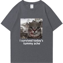 Tarz Sokak Komik Kedi Bugünden Karın Ağrısını Hayatta Kaldım T Shirt Yeni Erkek Pamuklu Tişört Kısa Koll