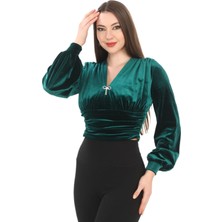 Lodmela Broş Detaylı Kadife Crop 6007-ZÜMRÜT Yeşili
