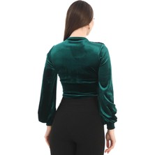 Lodmela Broş Detaylı Kadife Crop 6007-ZÜMRÜT Yeşili