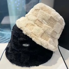 Unisex Peluş Bej Bucket Şapka