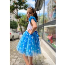 Mavi Elsa Karlar Kraliçesi Kar Taneli Taç Set Elbise