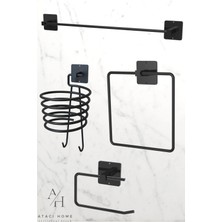 Atacı Home Yapışkanlı 4'lü Siyah Fön Makinesi Askısı Havlu Askısı Wc Tuvalet Kağıtlık Kare Havluluk Banyo Set