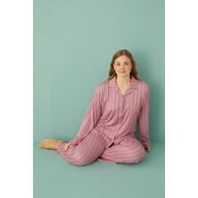 Pemilo Kadın 50801-129 Büyük Beden Önü Düğmeli Pijama Takımı Pudra