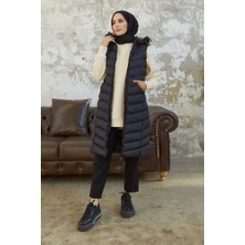 Butik Ayseba Kadın Siyah Kapüşonlu Kürklü Büyük Beden Battal Uzun Şişme Yelek