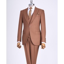 Italyan Stil Slim Fit Ceket Yelek Pantolon Takım Elbise Kahverengi T13500