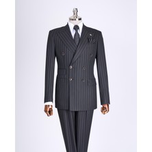 Italyan Stil Slim Fit Çizgili Kruvaze Ceket Pantolon Takım Elbise Siyah T13491