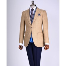 Italyan Stil Slim Fit Balıksırtı Desen  Erkek Ceket Bej T13434