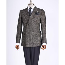 Italyan Stil Slim Fit Balıksırtı Desen Kruvaze Erkek Tek Ceket Siyah T13429