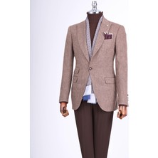 Italyan Stil Slim Fit Balıksırtı Desen Erkek Tek Ceket Kahverengi T13298