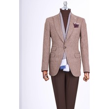 Italyan Stil Slim Fit Balıksırtı Desen Erkek Tek Ceket Kahverengi T13298