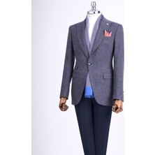 Italyan Stil Slim Fit Balıksırtı Desen Erkek Tek Ceket Lacivert T13299
