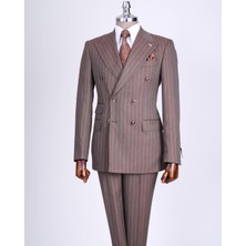 Italyan Stil Slim Fit Çizgili Kruvaze Ceket Pantolon Takım Elbise Kahverengi T13493