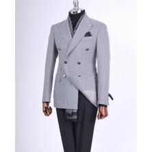 Italyan Stil Slim Fit Kruvaze Sivri Yaka Erkek Ceket Gri T13296