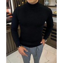 Italyan Stil Slim Fit Balıkçı Yaka Triko Erkek Kazak Siyah T13226