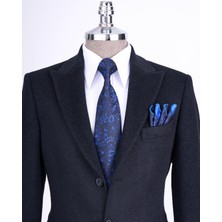 Italyan Stil Slim Fit Sivri Yaka Yün Karışımlı Kaşe Erkek Kaban Lacivert T13456
