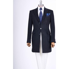 Italyan Stil Slim Fit Sivri Yaka Yün Karışımlı Kaşe Erkek Kaban Lacivert T13456