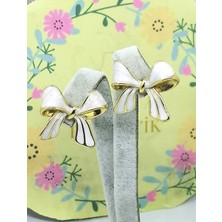 Eke Butik Çelik Beyaz Mineli Fiyonk Çivi Küpe Altın