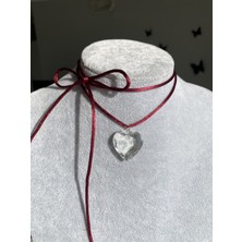 Pinky Lady Bordo Ipli Şeffaf Kalp Kolye