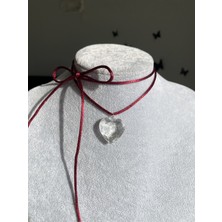 Pinky Lady Bordo Ipli Şeffaf Kalp Kolye