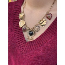 Sparkle Accessories Ortası Siyah Kalp Charmlı Gold Çelik Kolye 60 cm