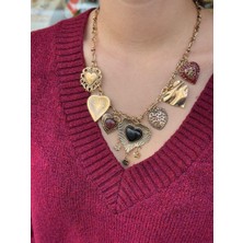 Sparkle Accessories Ortası Siyah Kalp Charmlı Gold Çelik Kolye 60 cm