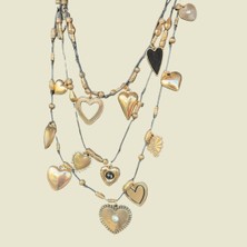 Sparkle Accessories Üç Sıra Ipli Kalp Charmlı Gold Çelik Kolye 45 CM/50CM/60CM