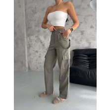 Boom Bester Kadın %100 Keten Yüksek Bel Kargo Pantolon Premium Kalite Haki Yeşil