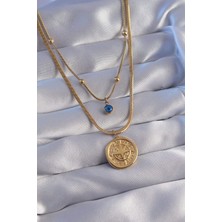 Fy Butik 316L Çelik Zincir Gold Renk Nazar Boncuklu Italyan Zincirli 2li Pusula Kolye