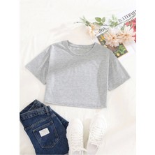 Gri Yuvarlak Yaka Oversize Crop T-Shirt