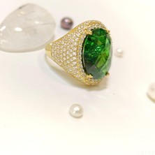 Altın Ofisi Yeşil Oval Taşlı Yüzük 14 Ayar Altın