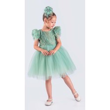 Mnk Baby & Kids Kız Çocuk Yeşil Nakışlı Tütü Etek Elbise MNK0578 Özel Günler İçin Şık Tasarım