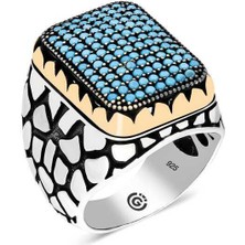 Gümüş Turkuaz Zirkon Taşlı Kare Erkek Yüzük