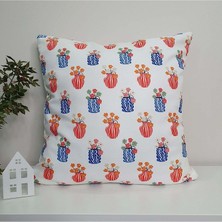 Deco Mavi Turuncu Vazo ve Çiçek Desenli Dijital Baskılı Kırlent Kılıfı